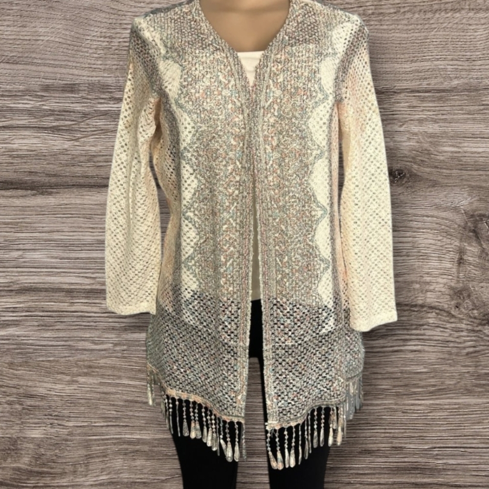 Reba Women Cardigan Open Front Aztec Duster Crochet Fringe Plus Size 3X Boho Fun